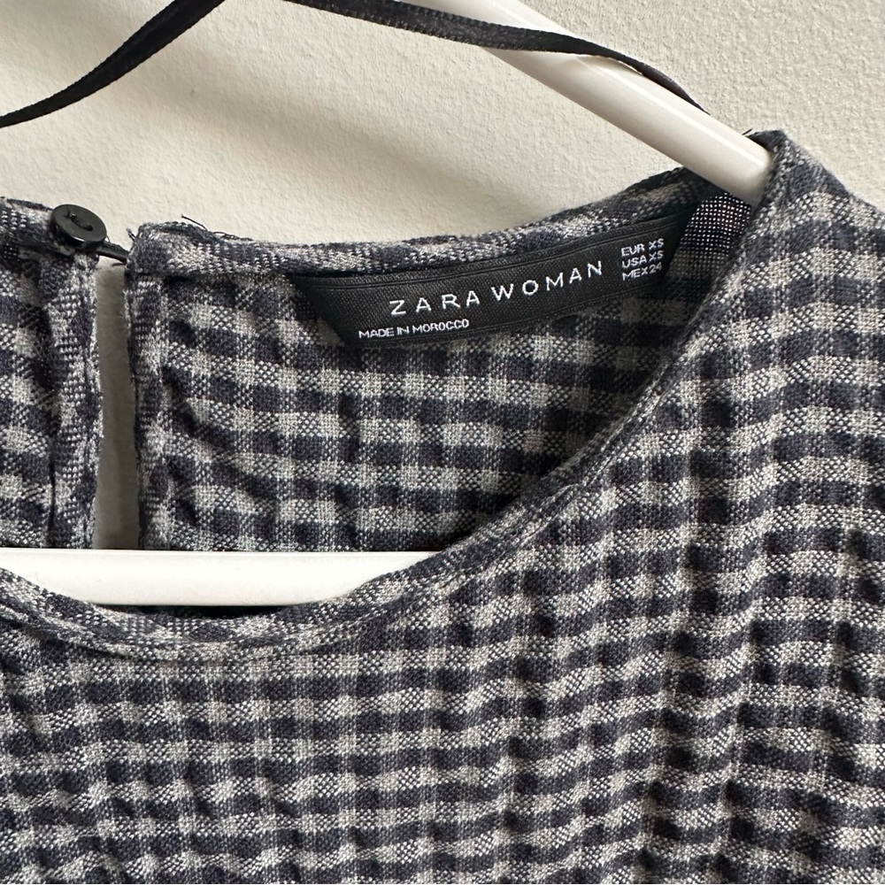 Zara Woman Gingham Check Ruffled High Low Long Sleeve Top Gray Crinkled S - Picture 6 of 9